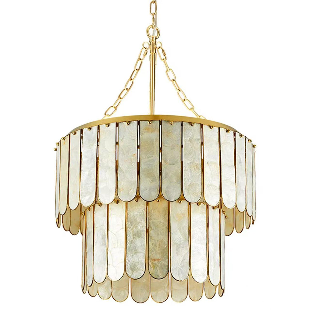 White layered shell panel drum chandelier with gold metal frame