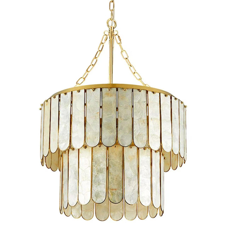 White layered shell panel drum chandelier with gold metal frame
