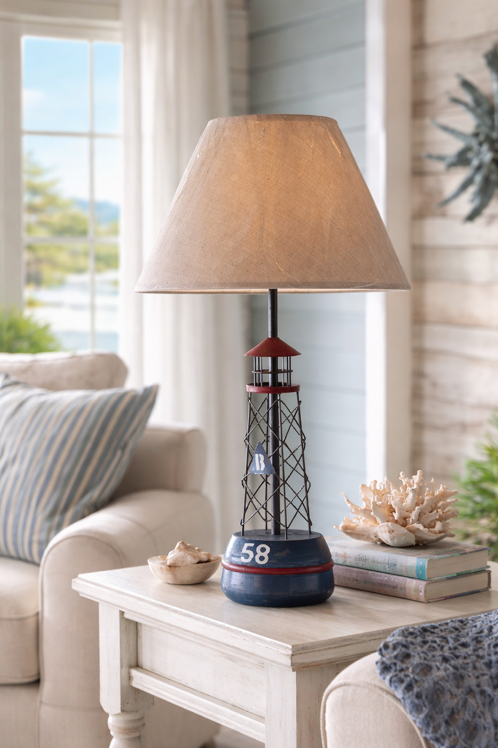Lighthouse table lamp with nautical design and warm lighting