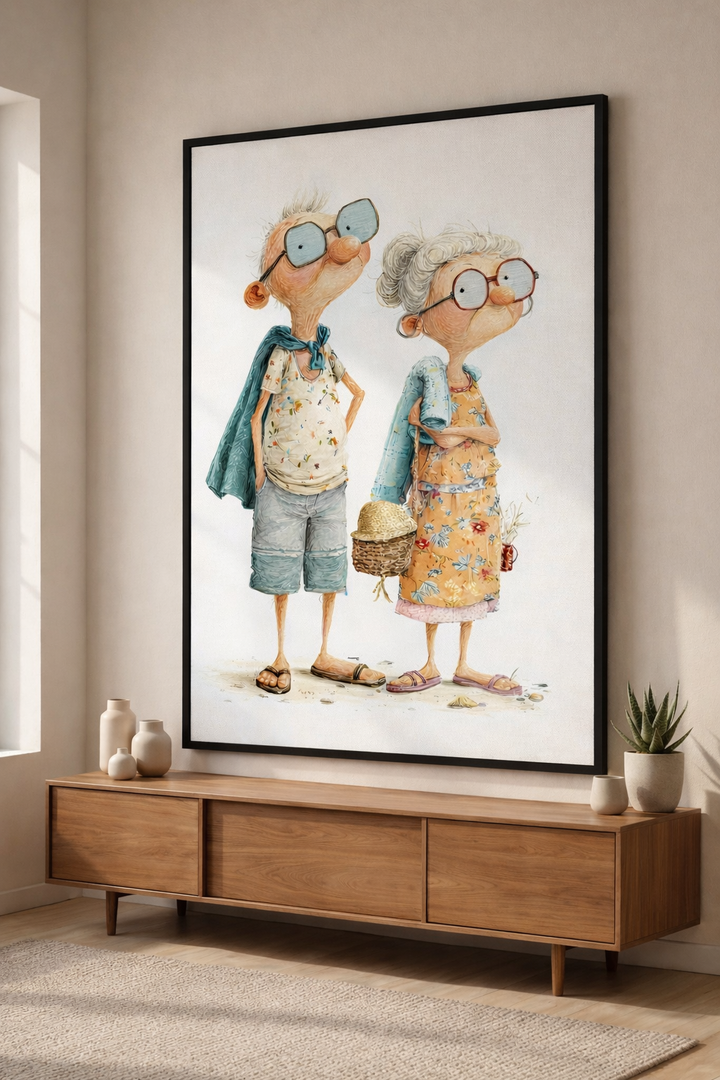 Whimsical Elderly Couple Canvas Wall Art