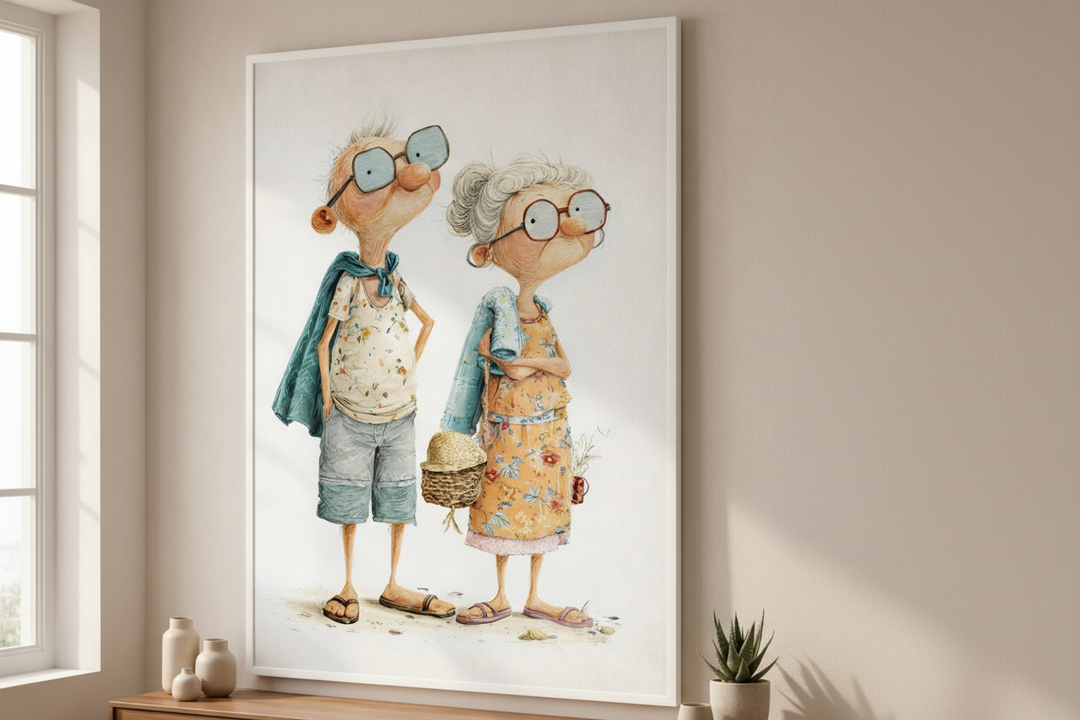 Whimsical Elderly Couple Canvas Wall Art