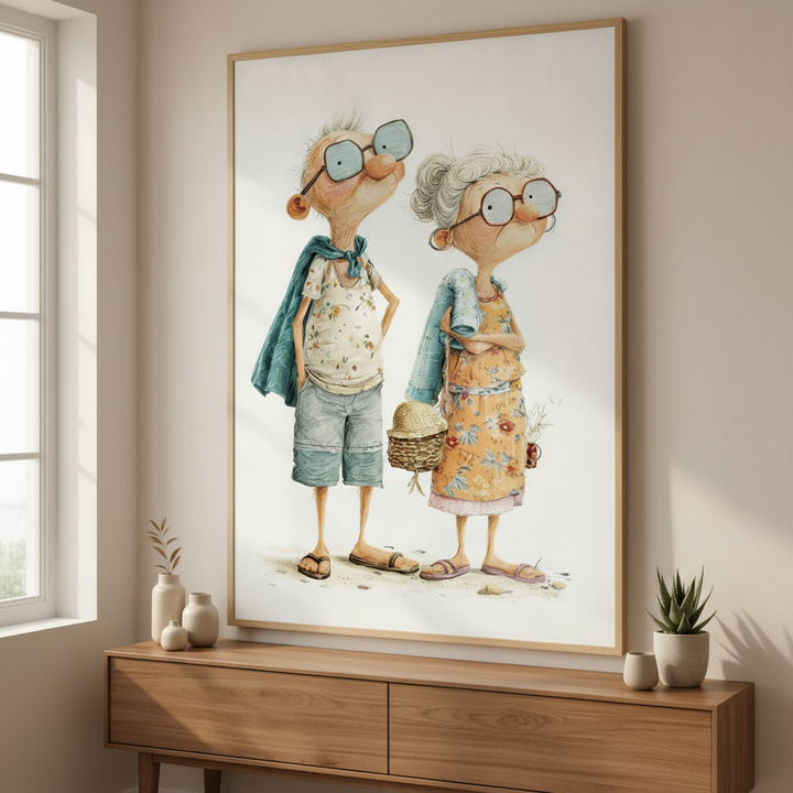 Whimsical Elderly Couple Canvas Wall Art