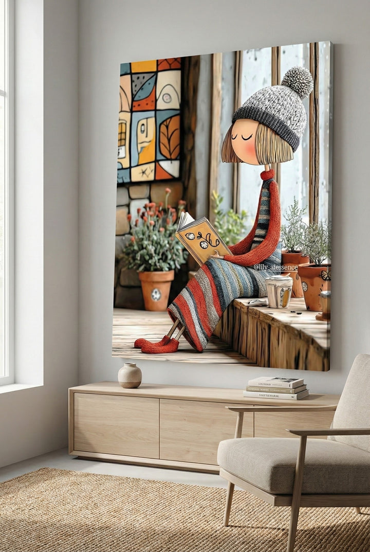 Cozy Reading Girl Canvas Wall Art