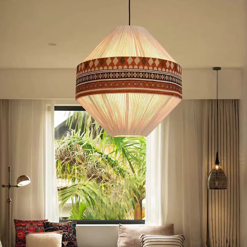 Geometric Patterned Pendant Lights with Ribbed Cream Shades