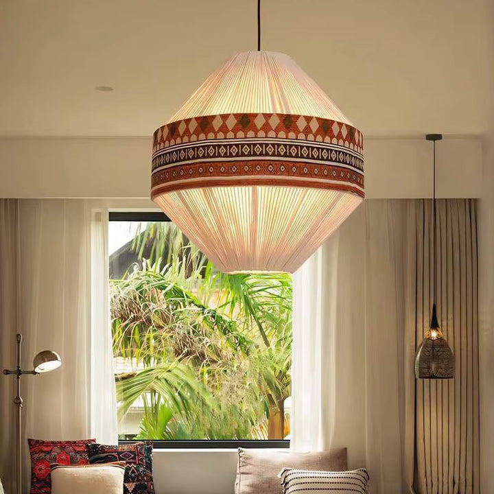 Geometric Patterned Pendant Lights with Ribbed Cream Shades