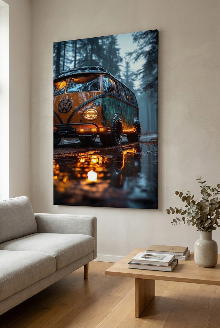 Vintage VW Camper Forest Canvas Wall Art