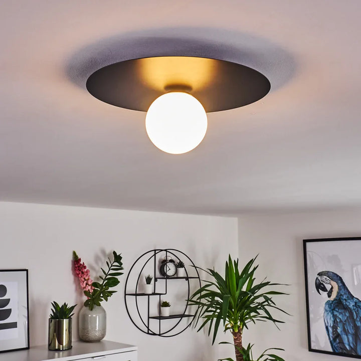 Modern Globe Ceiling Light with Black Disc Design