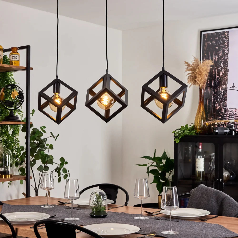 Modern Geometric Black Cube Pendant Light Trio