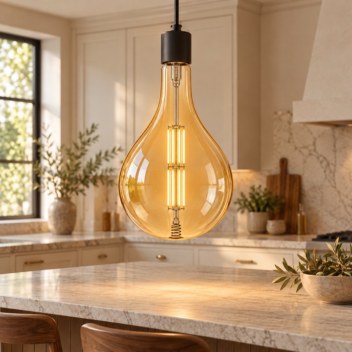 Amber teardrop glass pendant light with an exposed filament-style bulb above a kitchen island