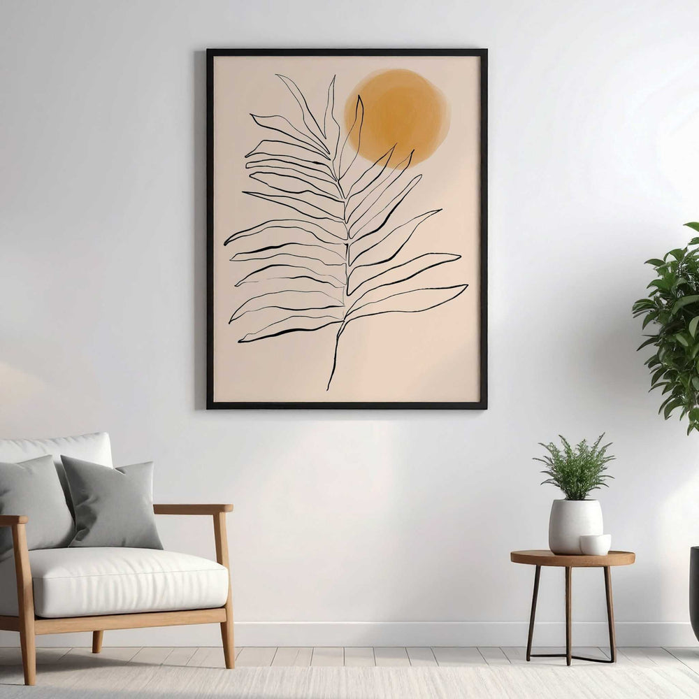 Wadi Home minimalist palm leaf and sun line art print, neutral beige background, black frame.