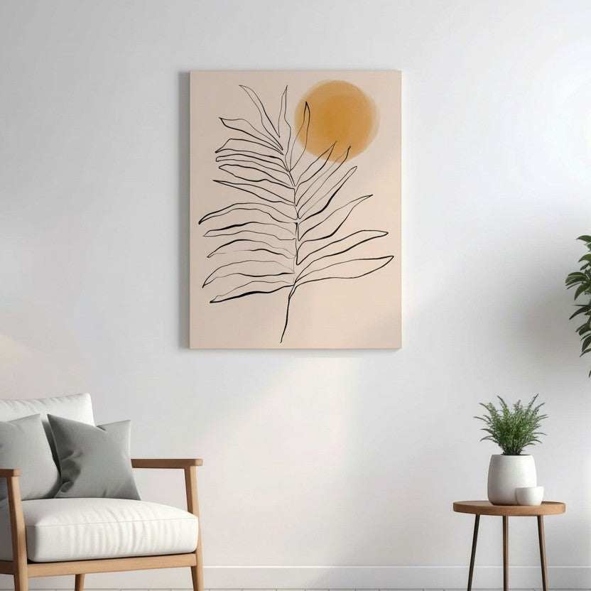 Wadi Home minimalist palm leaf and sun line art on neutral background. Modern wall decor.