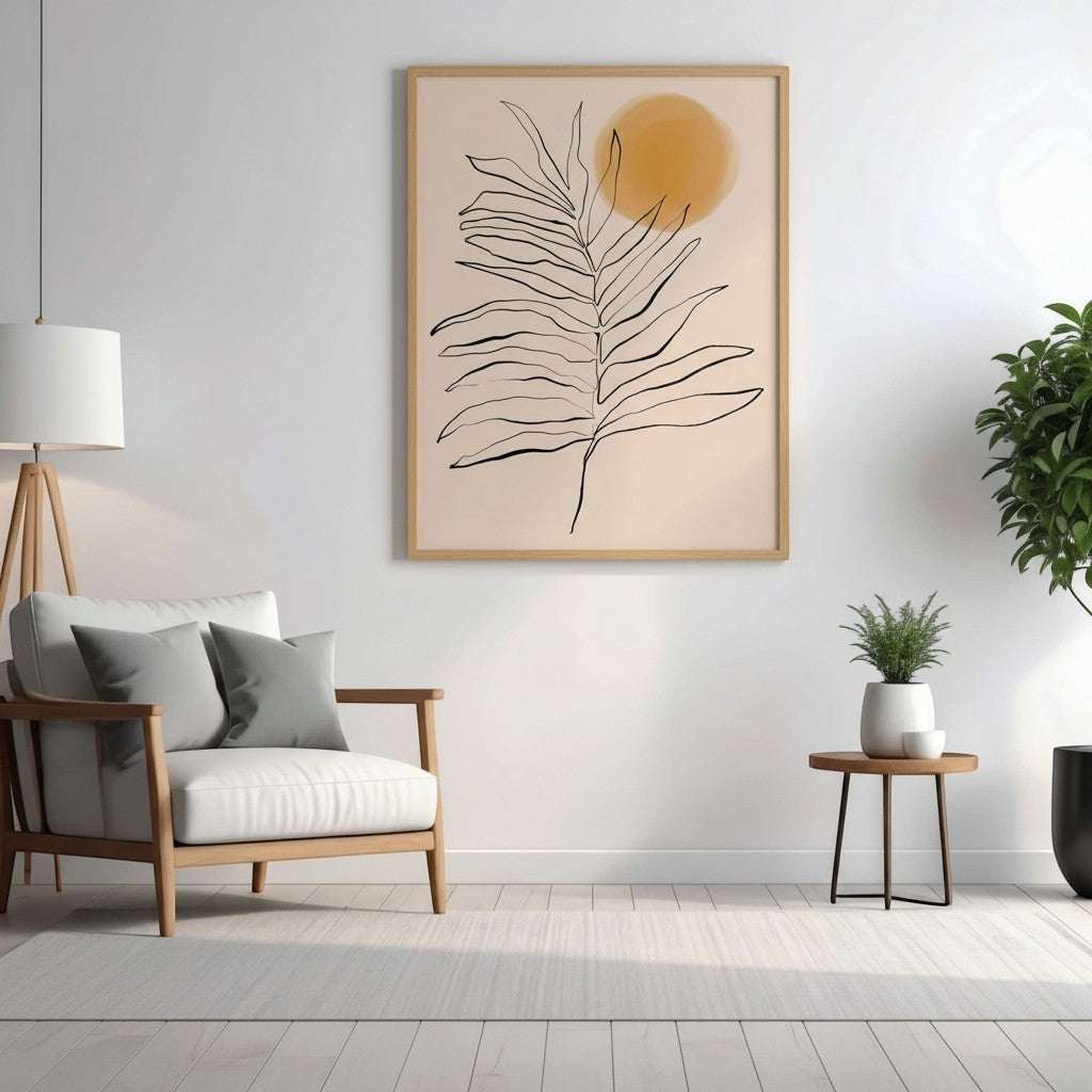 Wadi Home minimalist palm leaf and sun line art print with neutral palette, perfect for modern interiors.