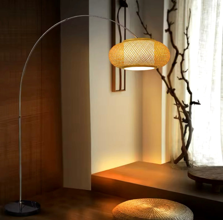 Modern Arc Floor Lamp with Woven Rattan Shade