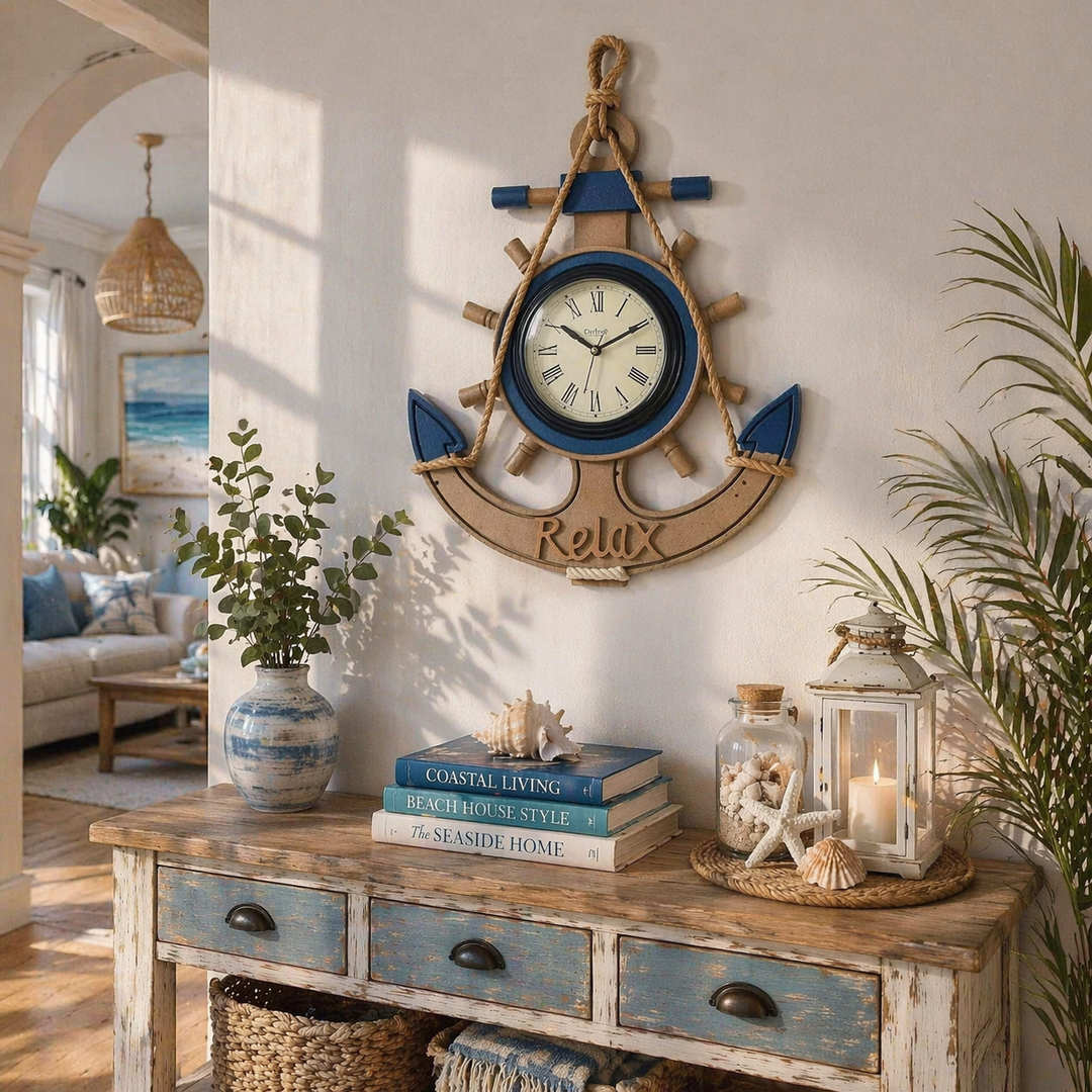 Nautical Anchor Wall Clock – “Relax” Coastal Design