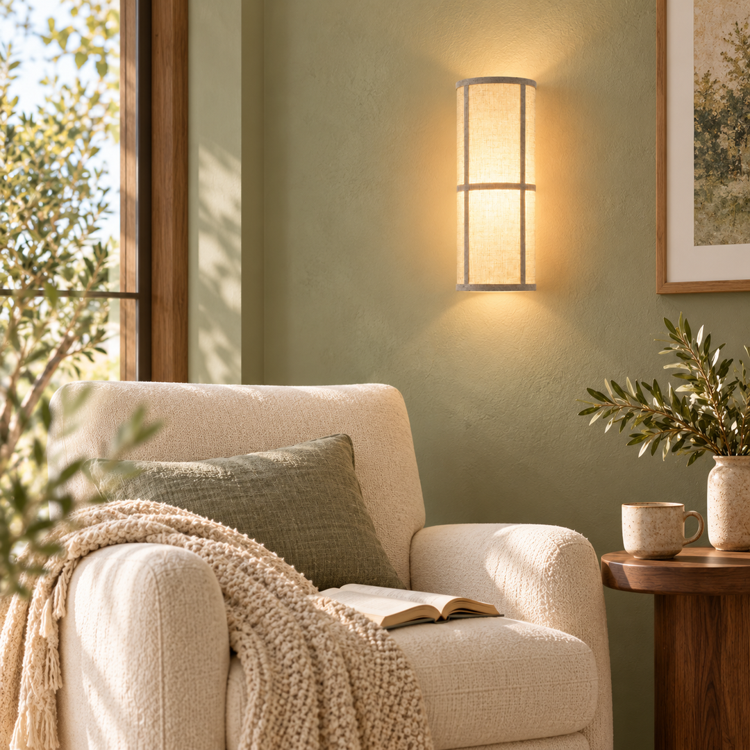 Modern Beige Fabric Wall Sconce with Cylindrical Shade
