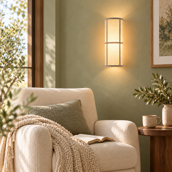 Modern Beige Fabric Wall Sconce with Cylindrical Shade