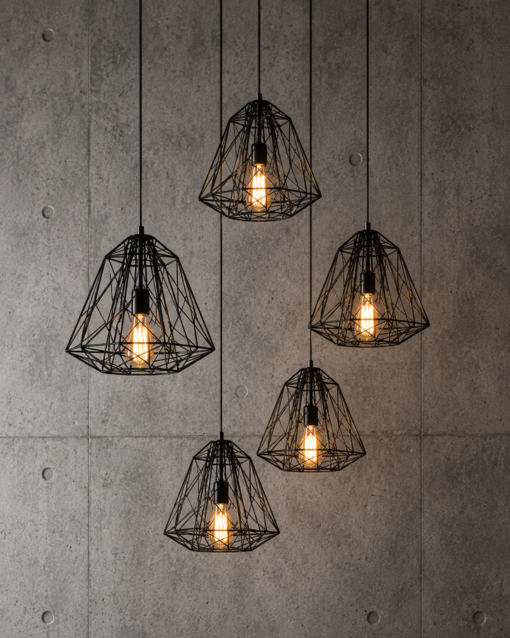 Industrial Pendant Light with Geometric Wireframe Design