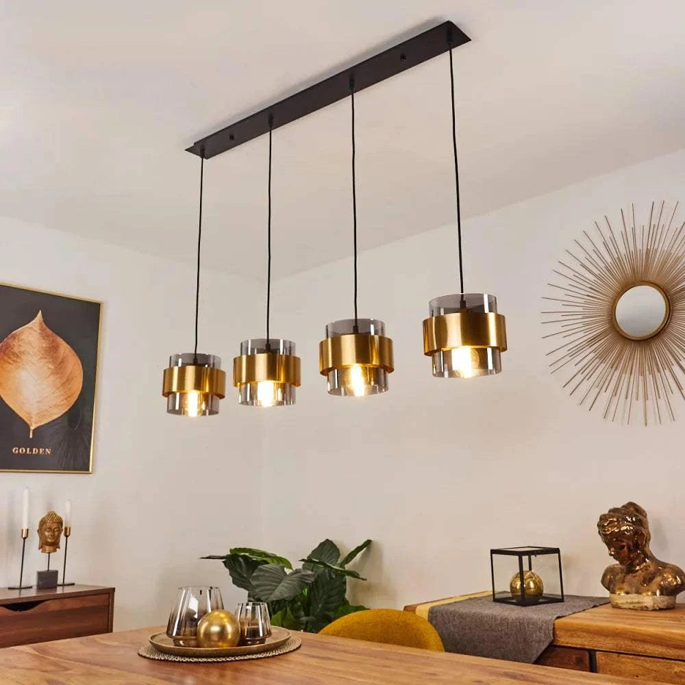 Setthis Elegant Gold and Smoke Glass Cylinder Pendant Light SetThis elegant pe ...