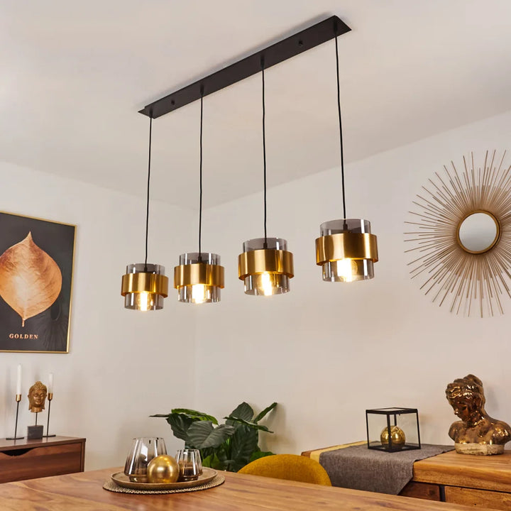 Elegant Gold and Smoke Glass Cylinder Pendant Light Set