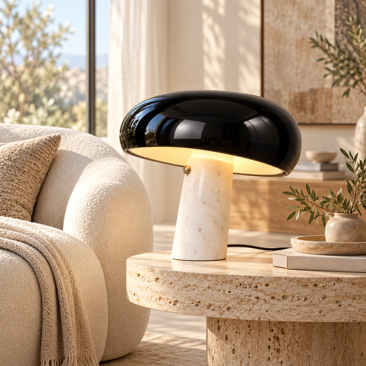 Black Dome Table Lamp with Stone Base