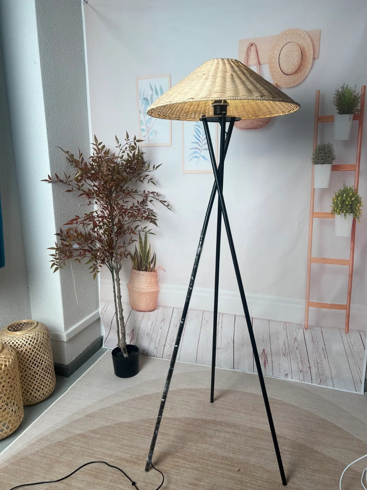 Rustic Tripod Floor Lamp with Woven Shade