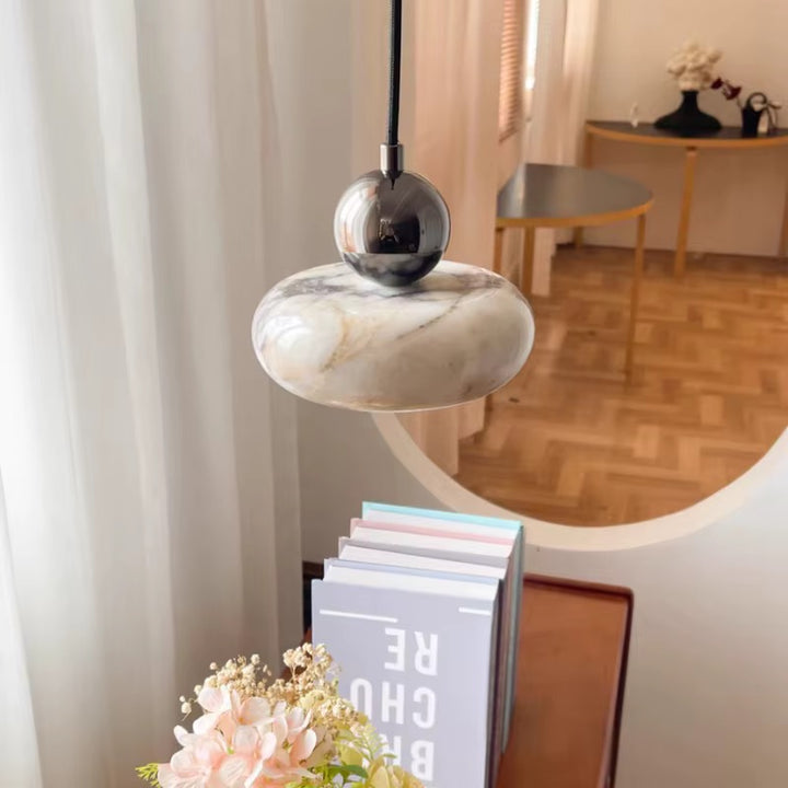 Amber Alabaster and Black Globe Pendant Light