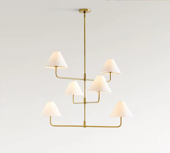 Modern Brass Multi-Tier Chandelier with White Fabric Shades