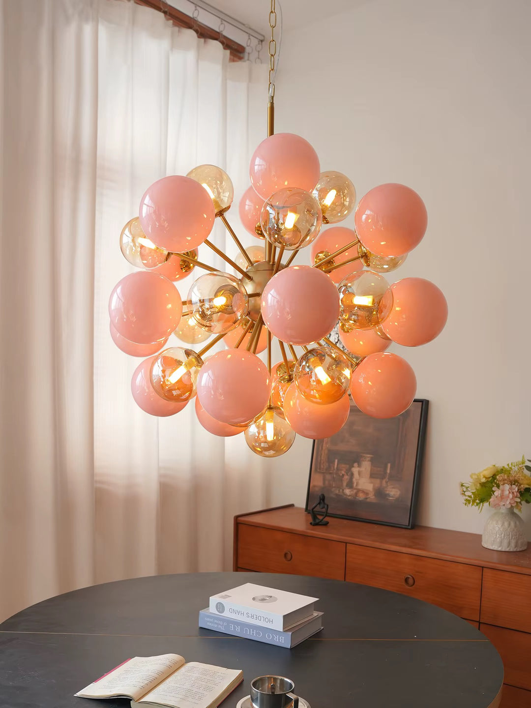 Pink and Amber Sputnik Globe Chandelier