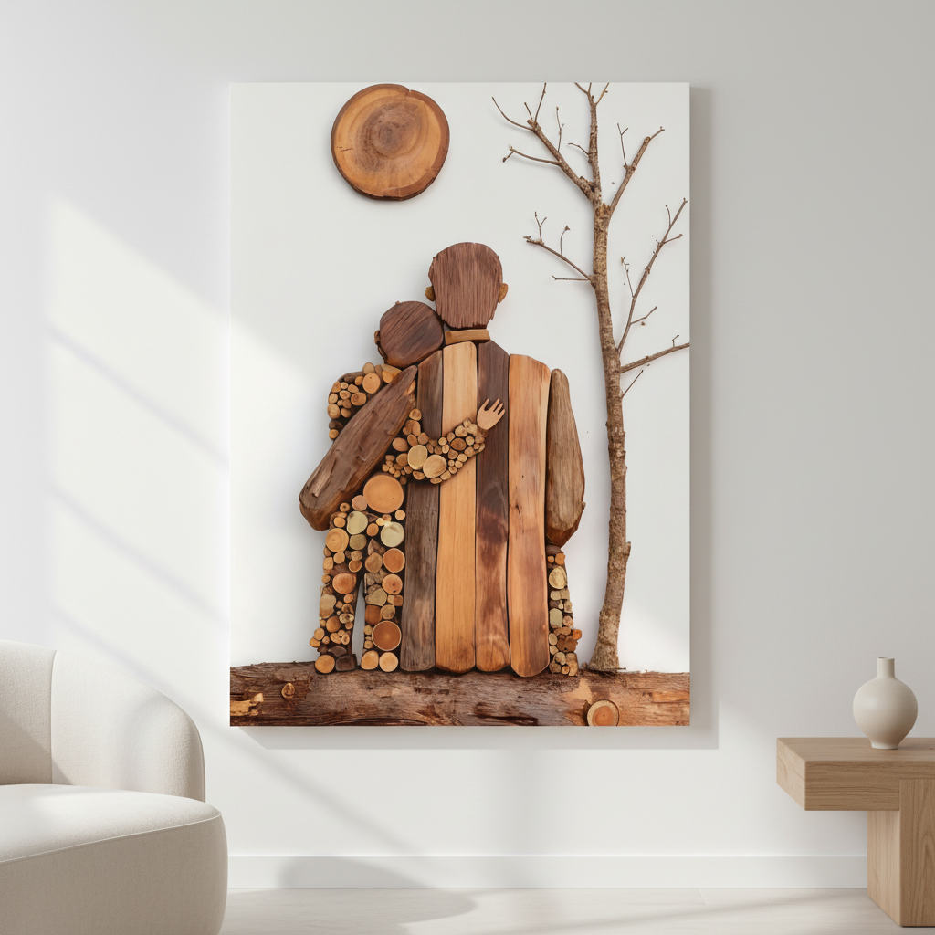 Rustic wooden family love art canvas with embracing silhouettes on natural wood background