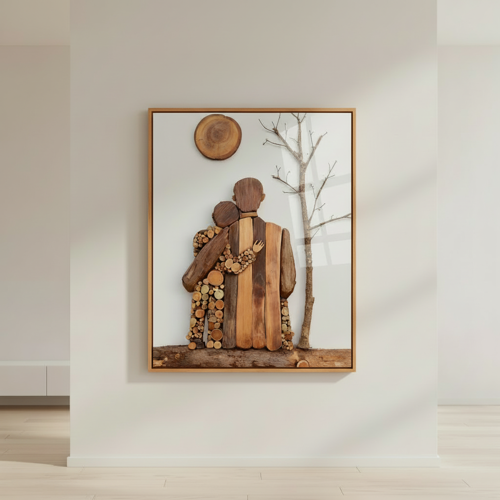 Rustic wooden family love art canvas with embracing silhouettes on natural wood texture