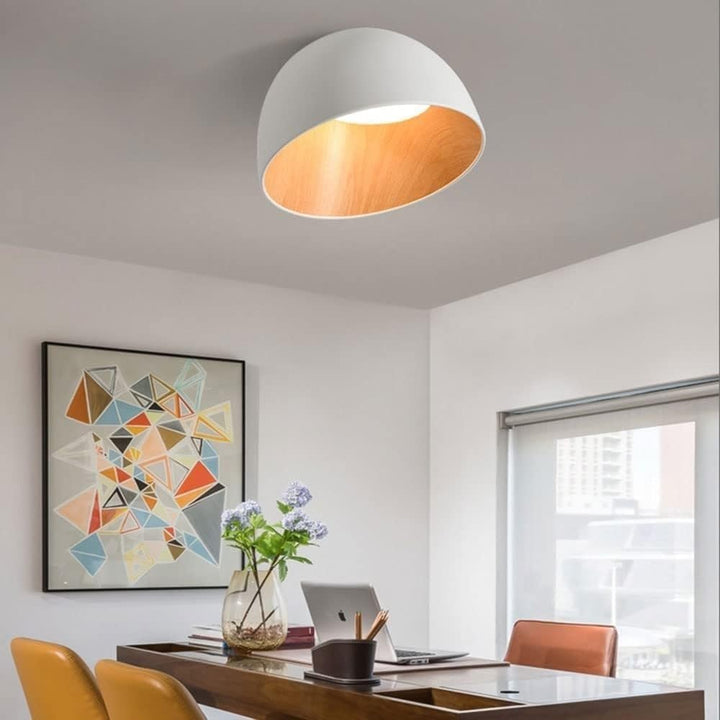 Modern White Ceiling Light with Wood Interior