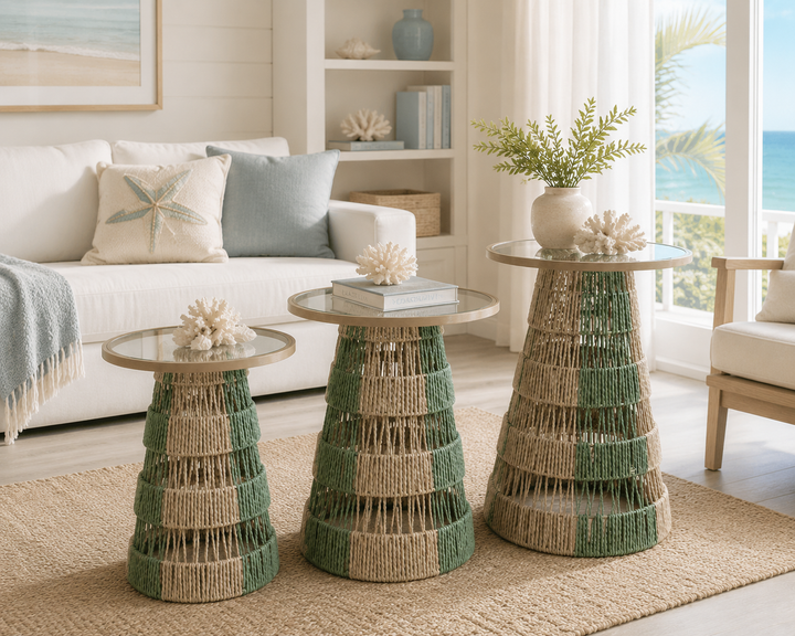 Handwoven Rattan & Glass Accent Side Table Set of 3