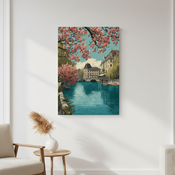 European canal with historic buildings and spring cherry blossoms vintage canvas artwork