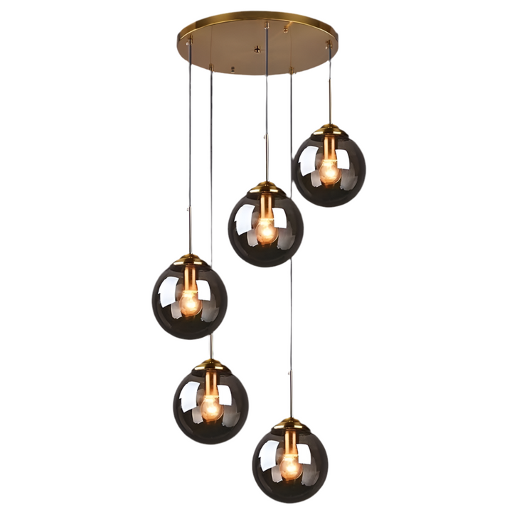 Modern 5-Light Globe Pendant Light with Smoked Glass and Brass Finish