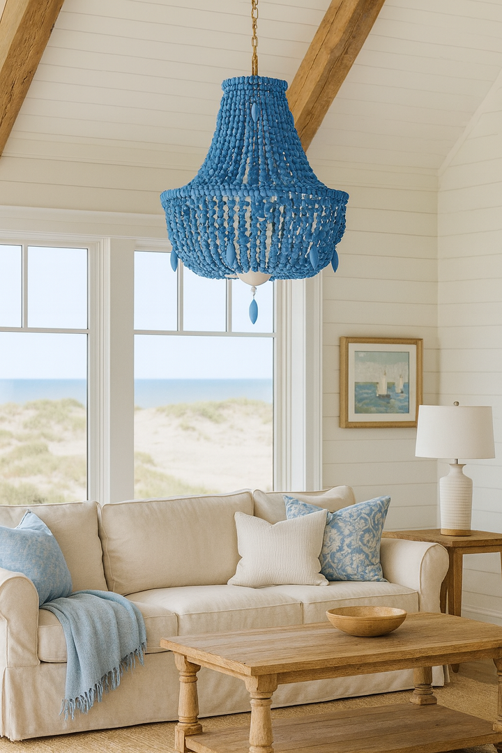 Blue beaded chandelier hanging in modern living room