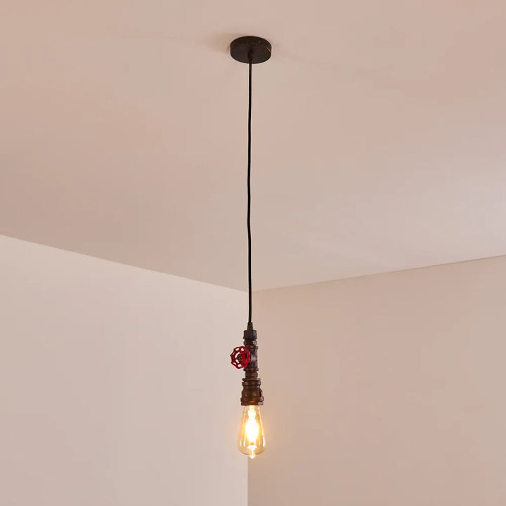 Industrial Pipe Pendant Light with Red Valve Accent