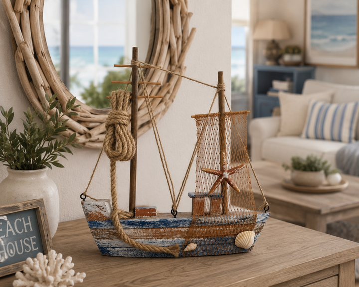 Handcrafted coastal wooden sailboat figurine with rope, fishing net, and seashell accents for beach-inspired home décor.