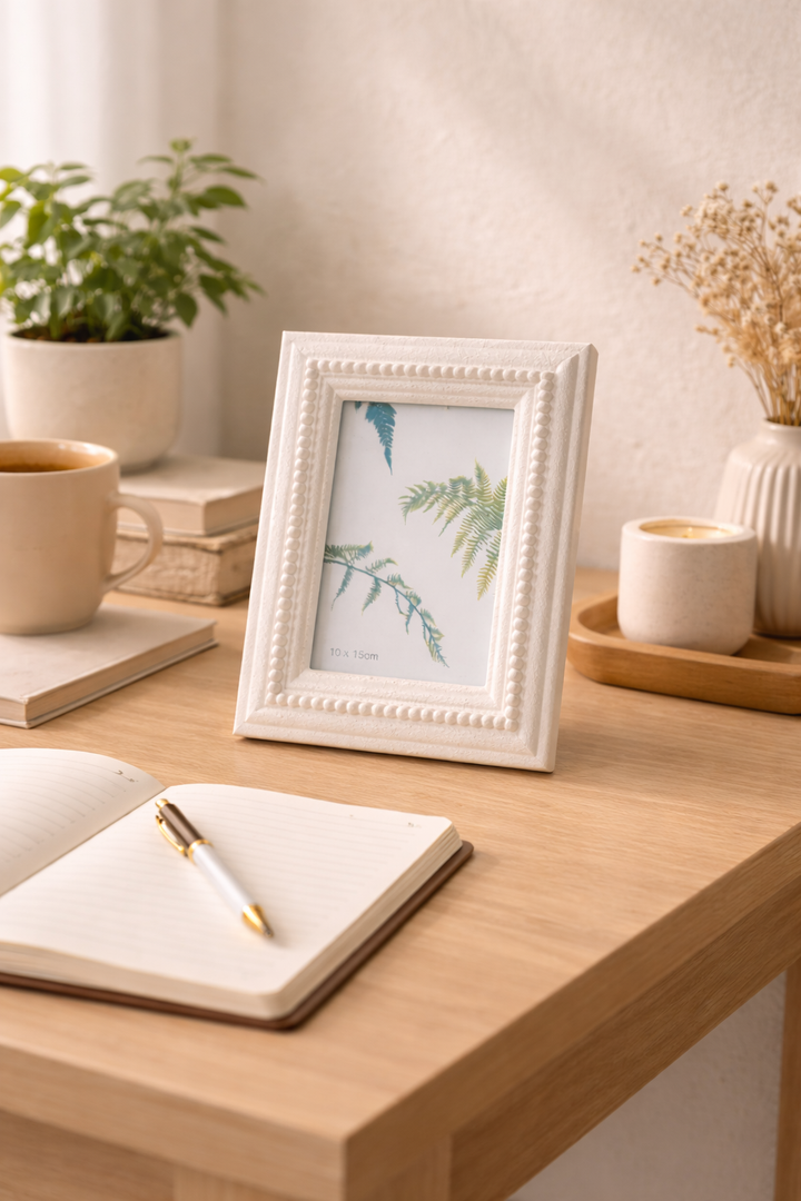 Classic white decorative photo frame with textured finish and beaded detailing