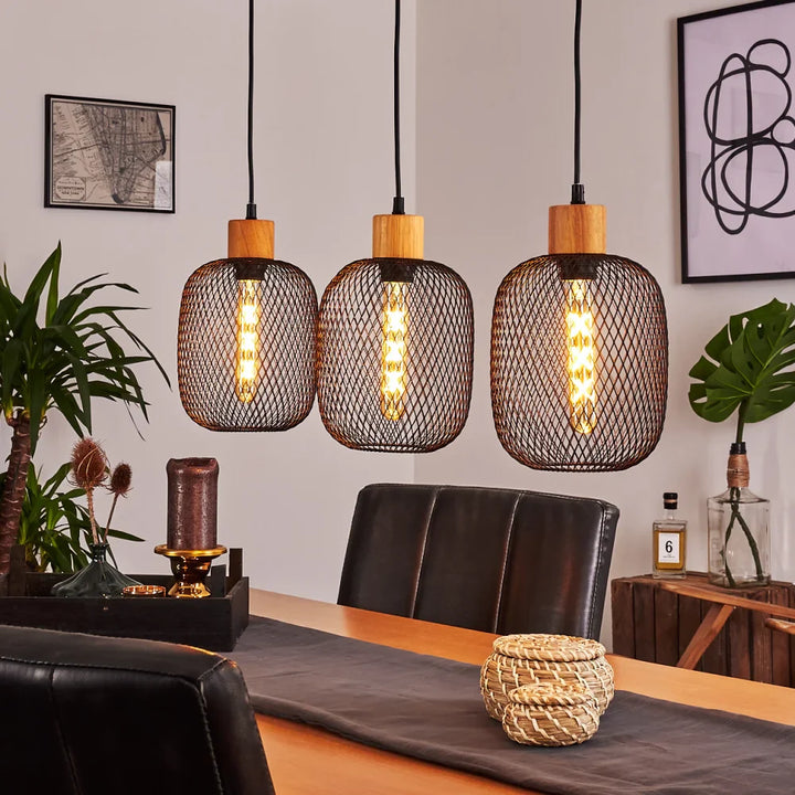 Industrial Mesh Pendant Light with Wooden Accent