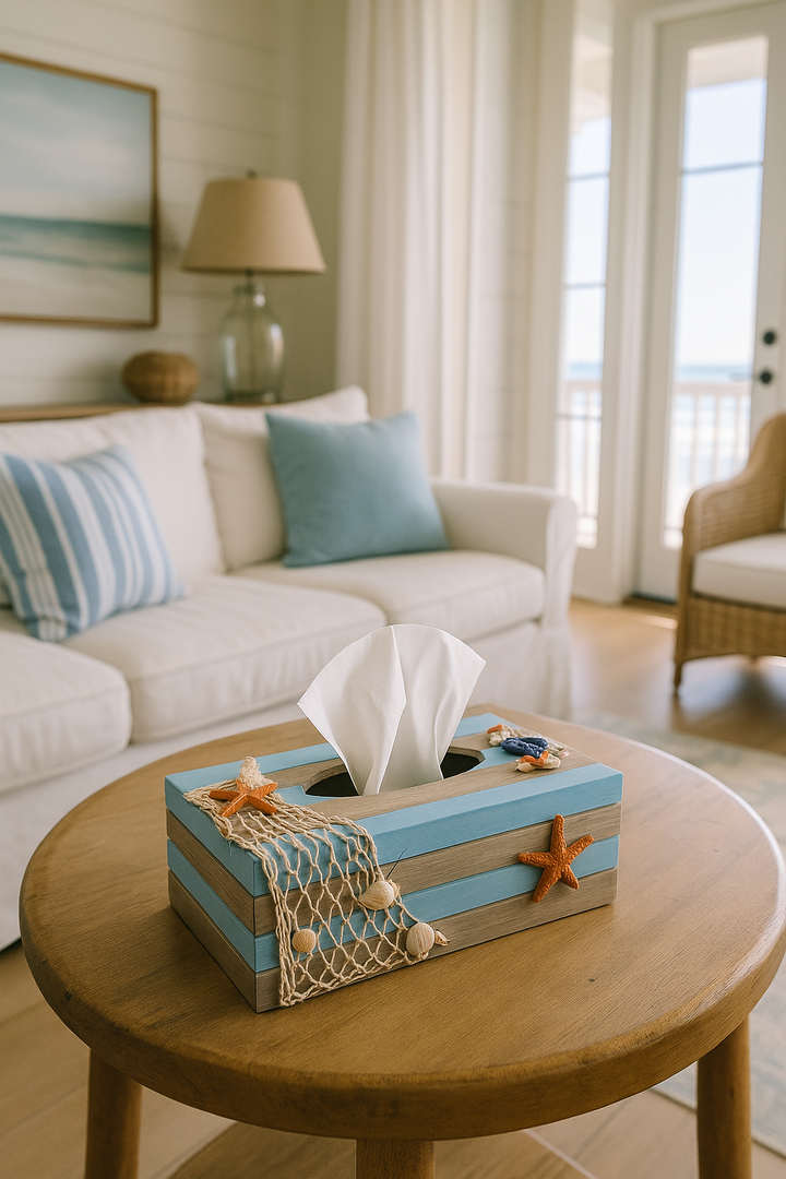 Nautical wooden tissue box cover with blue coastal design, sailboats, and ship wheel decoration