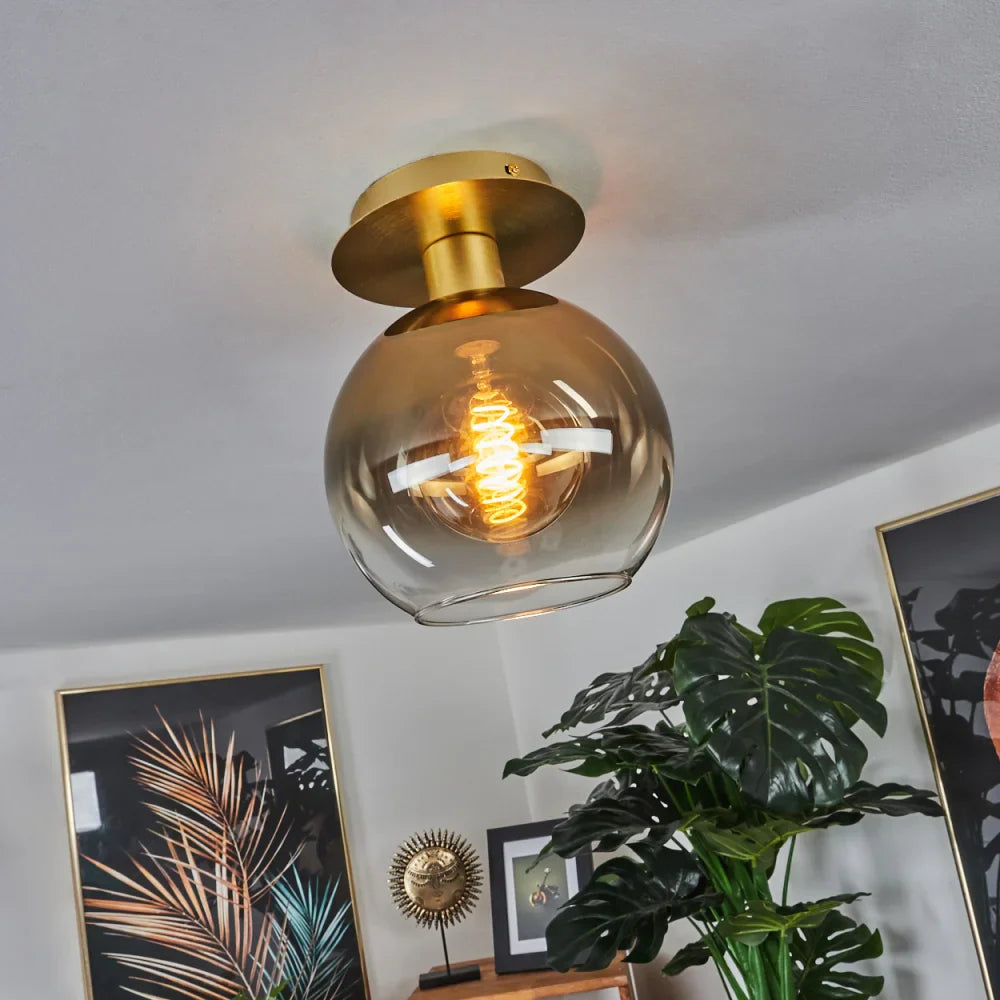 Modern Amber Glass Globe Ceiling Light with Brass Base