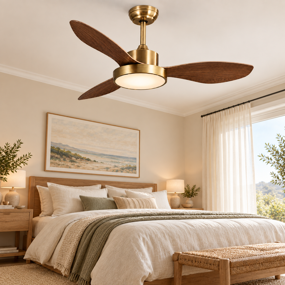 Elegant Wooden Ceiling Fan with Brass Accents