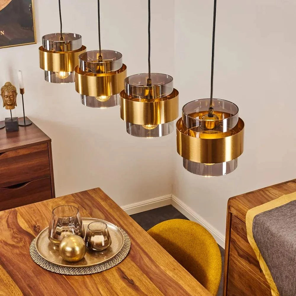 Elegant Gold and Smoke Glass Cylinder Pendant Light SetThis elegant pe ...