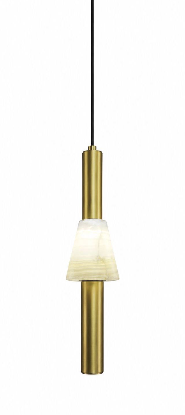 Modern Brass and Alabaster Cylinder Pendant Light