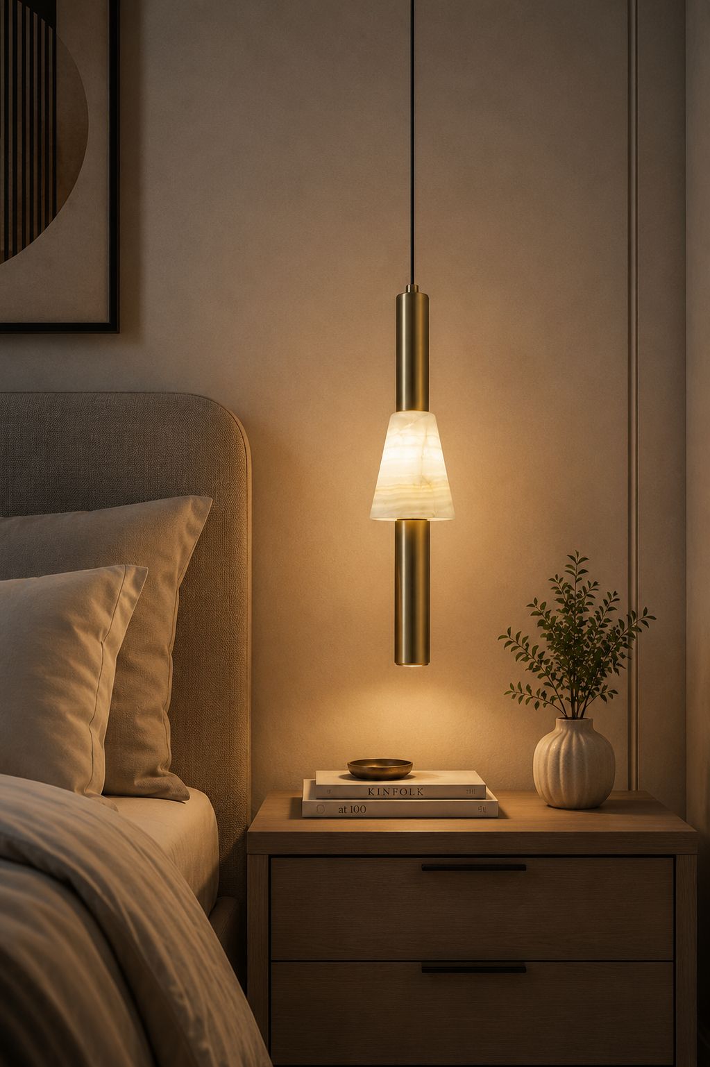 Modern Brass and Alabaster Cylinder Pendant Light