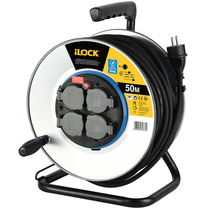 Metal Cable Reel with 4 Schuko Sockets and Extension Cord 50m