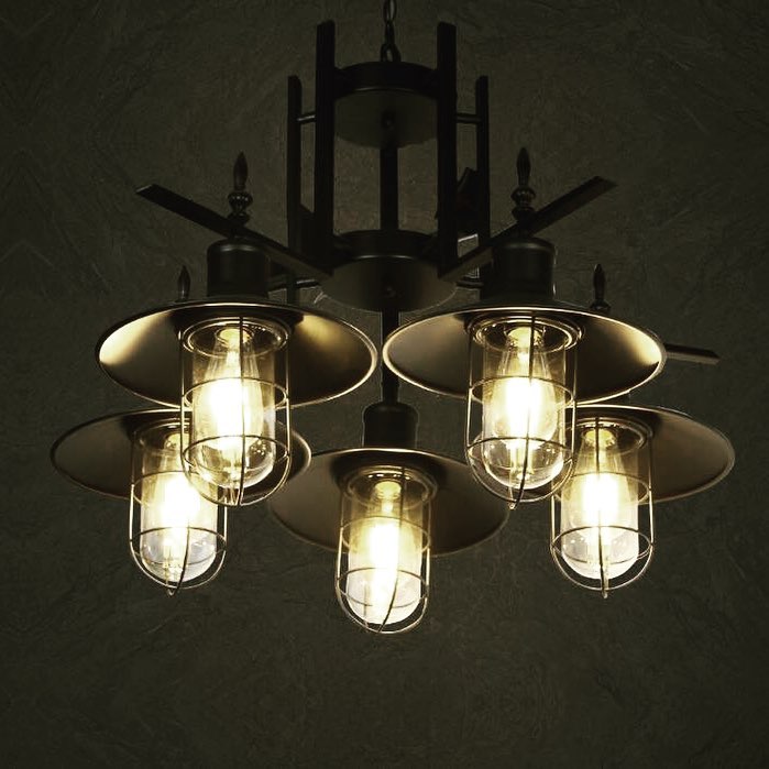 Industrial-Style Chandelier with Caged Glass Shades