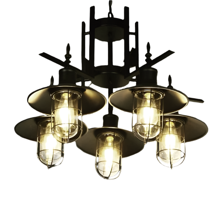 Industrial-Style Chandelier with Caged Glass Shades