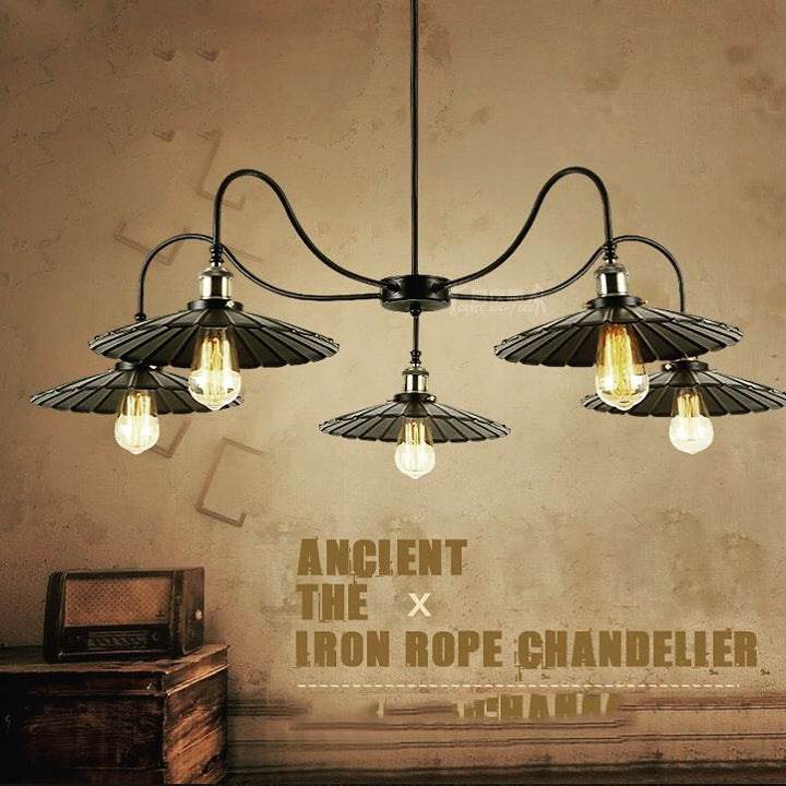 Vintage Iron Rope Chandelier with Fluted Shades