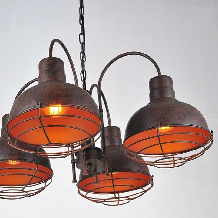 Industrial Chandelier with Rusted Metal Cage Shades